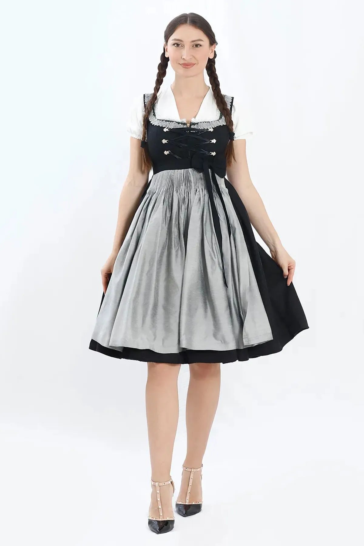 Luxury Black Silver Midi Dirndl Dress