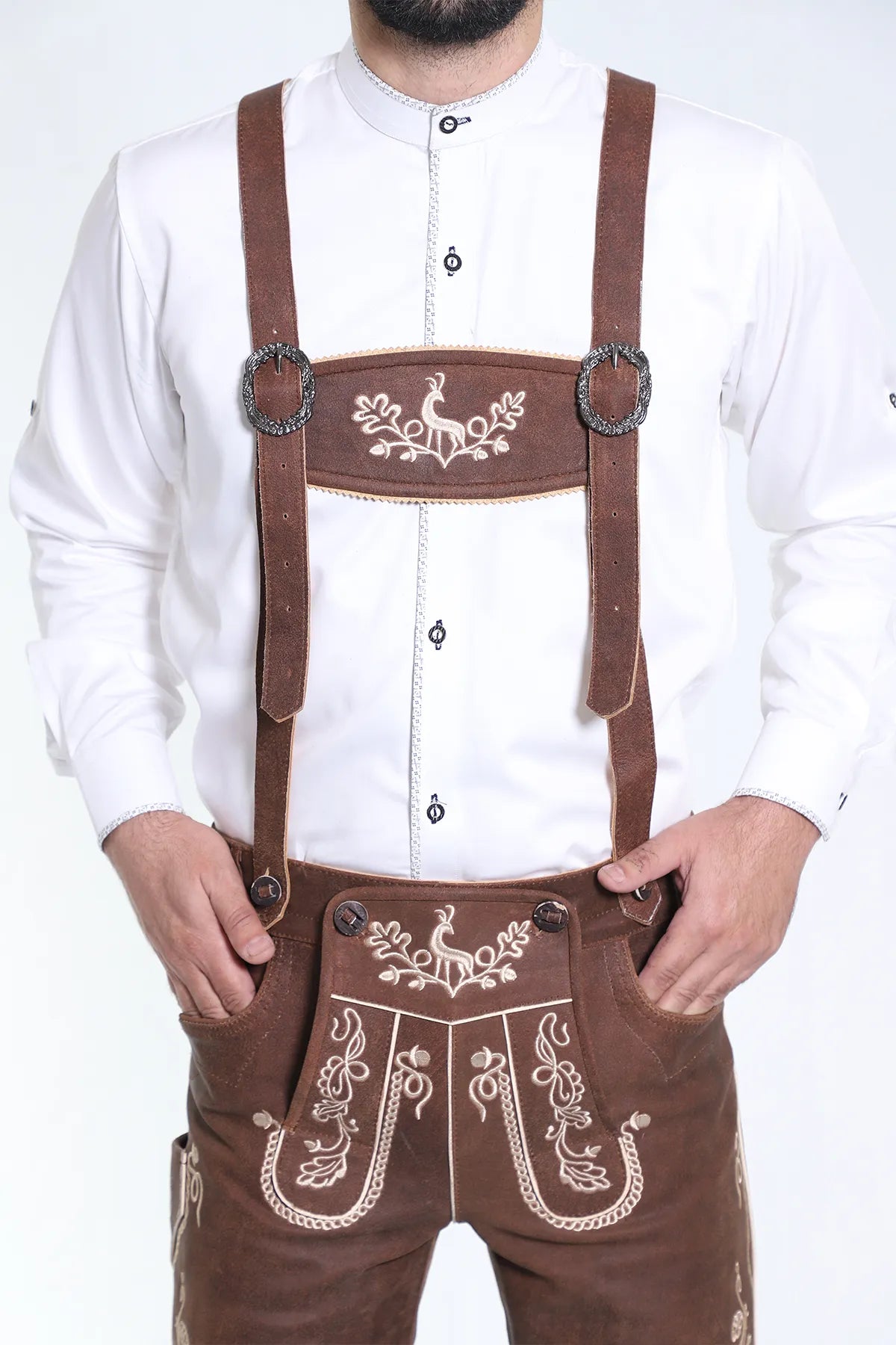 Authentic Lederhosen Men with matching Embroidered Suspenders for Oktoberfest