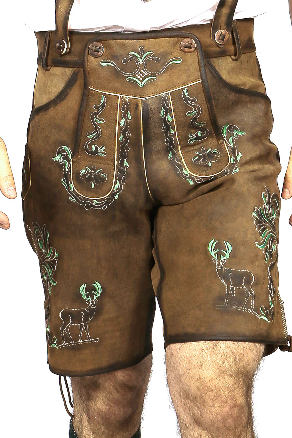 Mens Lederhosen Brown Green Deer Motifs