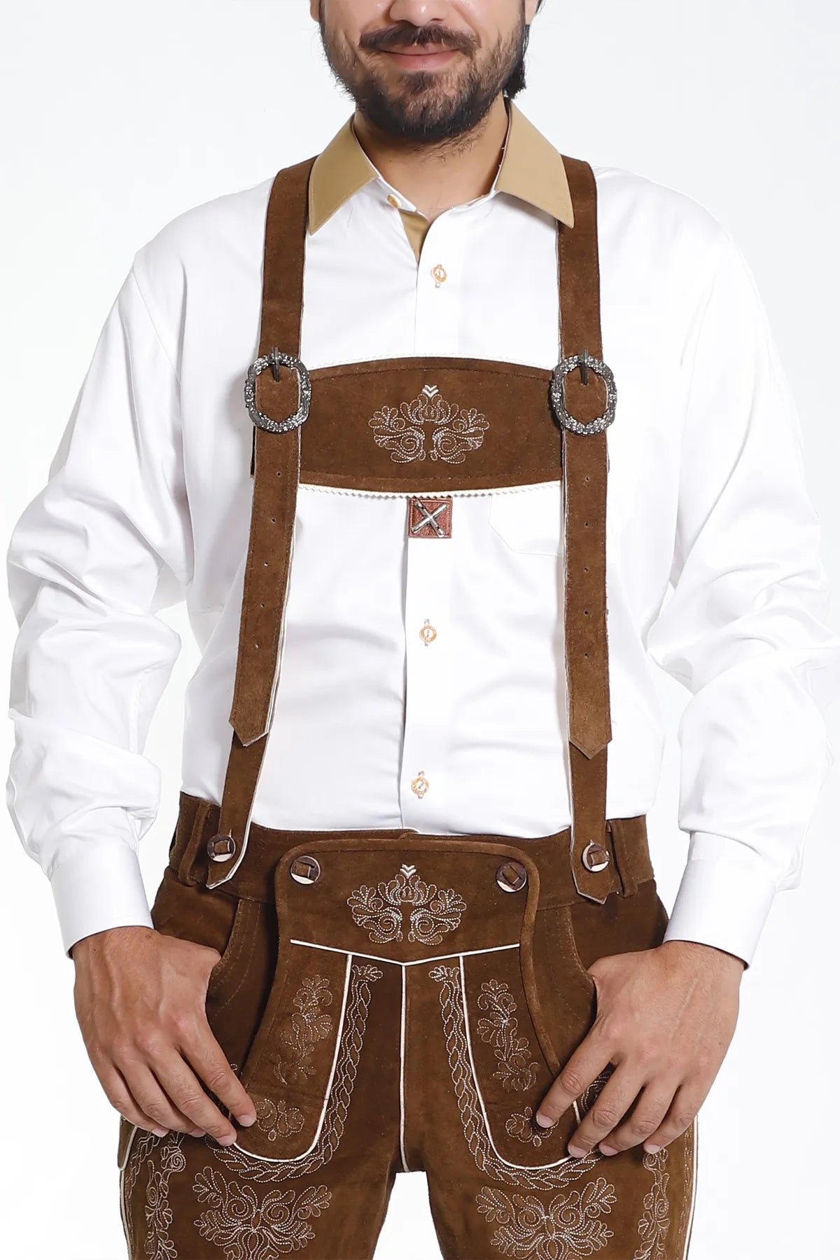 Authentic Lederhosen Men with matching Embroidered Suspenders for Oktoberfest