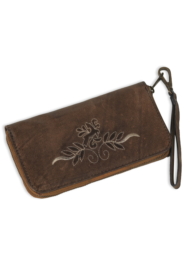 Forest Brown Women Clutch with White Hand Embroidery