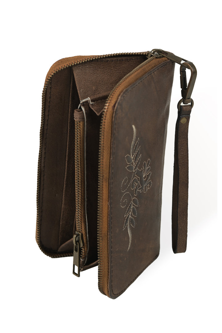 Forest Brown Women Clutch with White Hand Embroidery