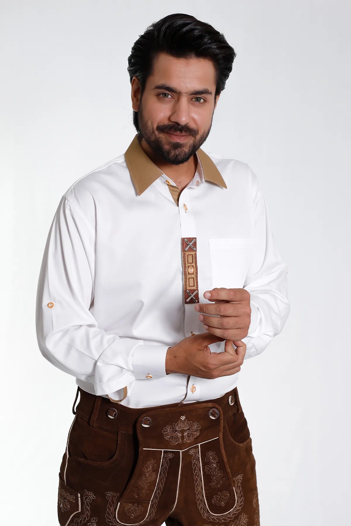 Lederhosen Men Traditional White Shirt with Embellishment on Collar and Cuffs.