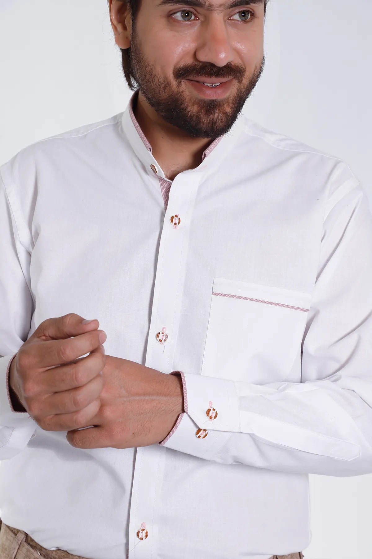 Lederhosen Men Traditional White Shirt with Embellishment on Collar and Cuffs.