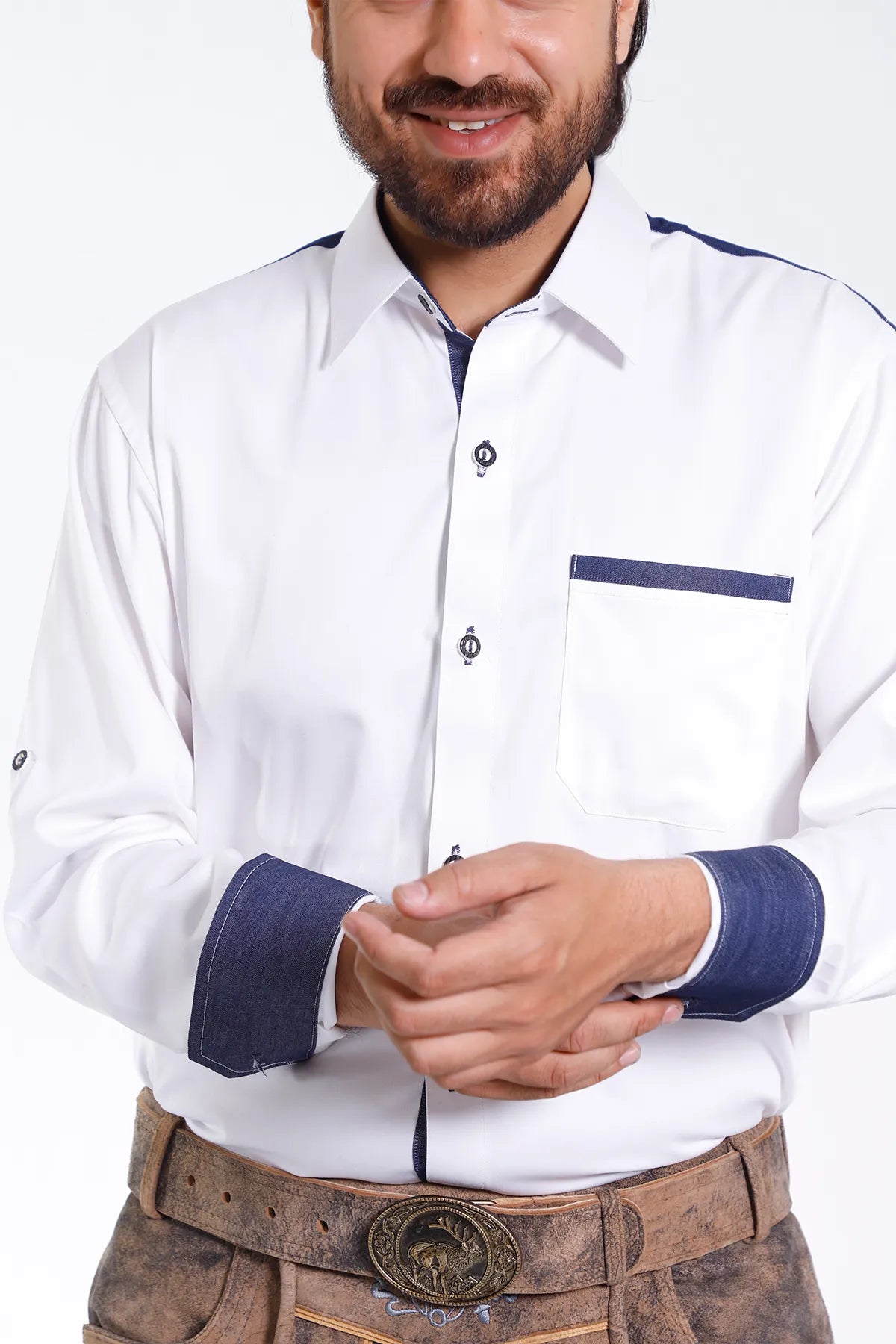 Lederhosen Men Traditional White Shirt with Embellishment on Collar and Cuffs.