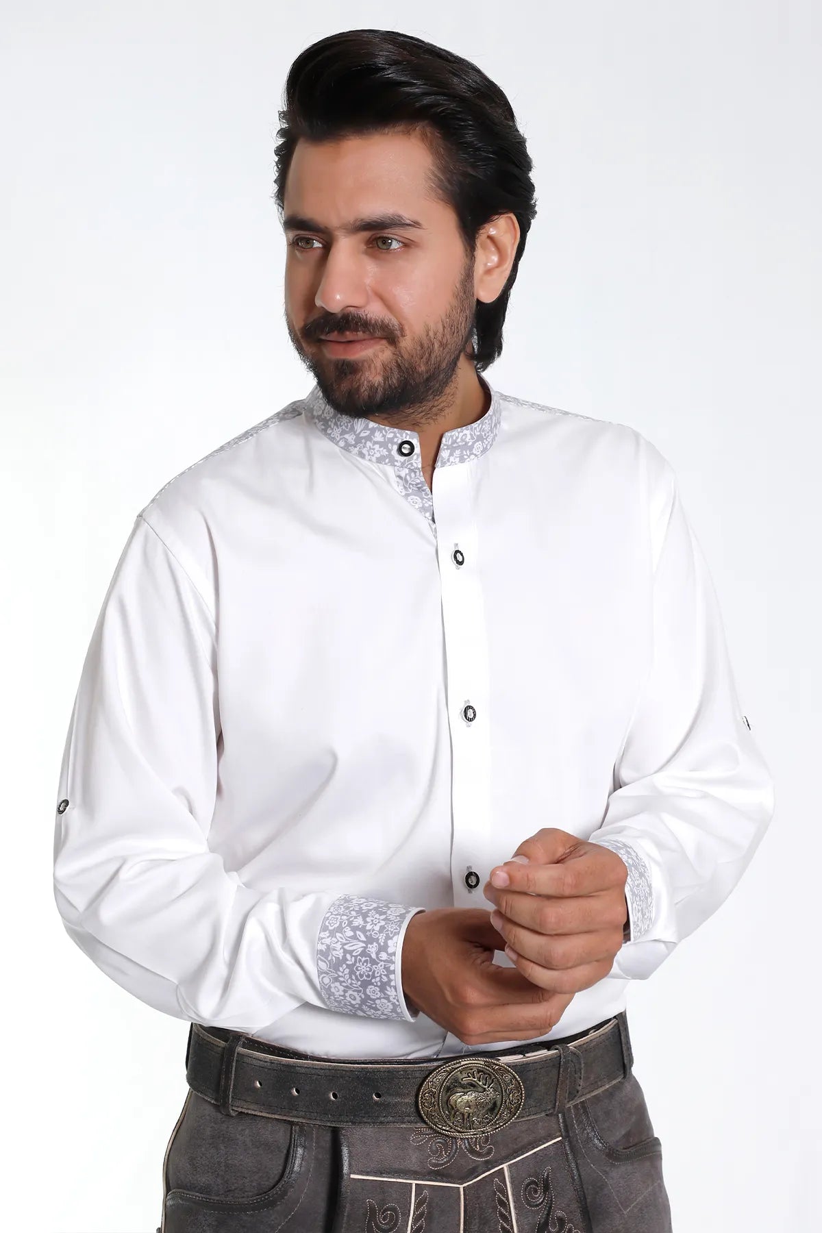 Lederhosen Men Traditional White Shirt with Embellishment on Collar and Cuffs.