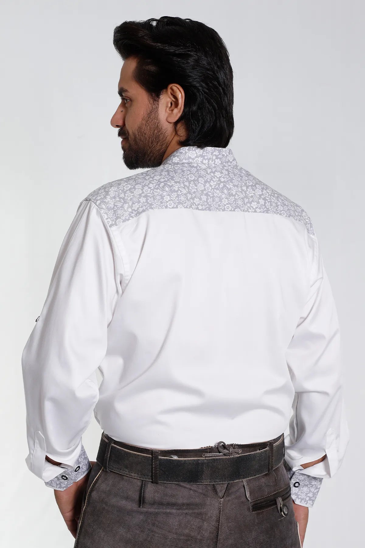 White Lederhosen Shirt with Floral Collar and Cuffs