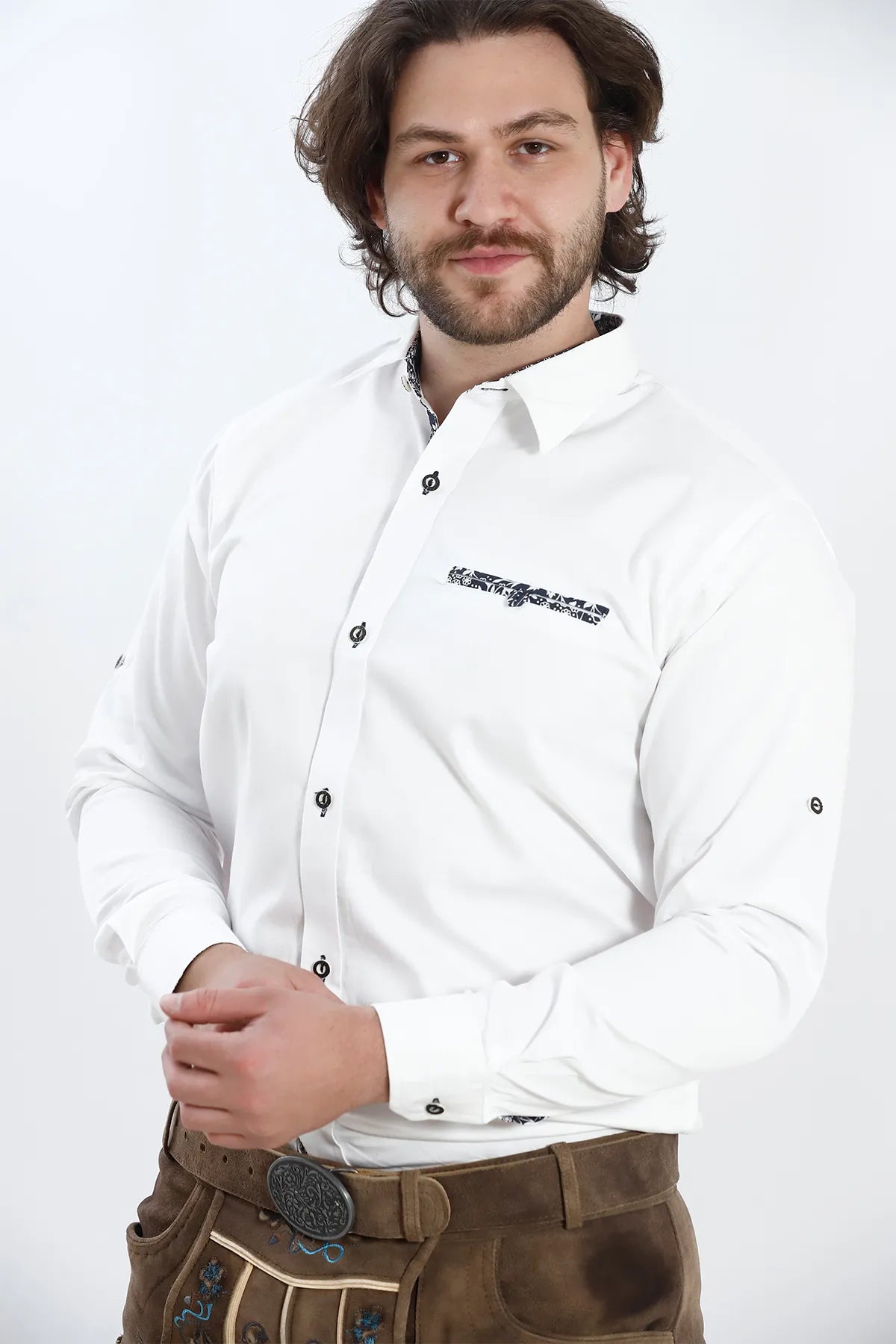 White Lederhosen Shirt with Contrasting Black Boundaries