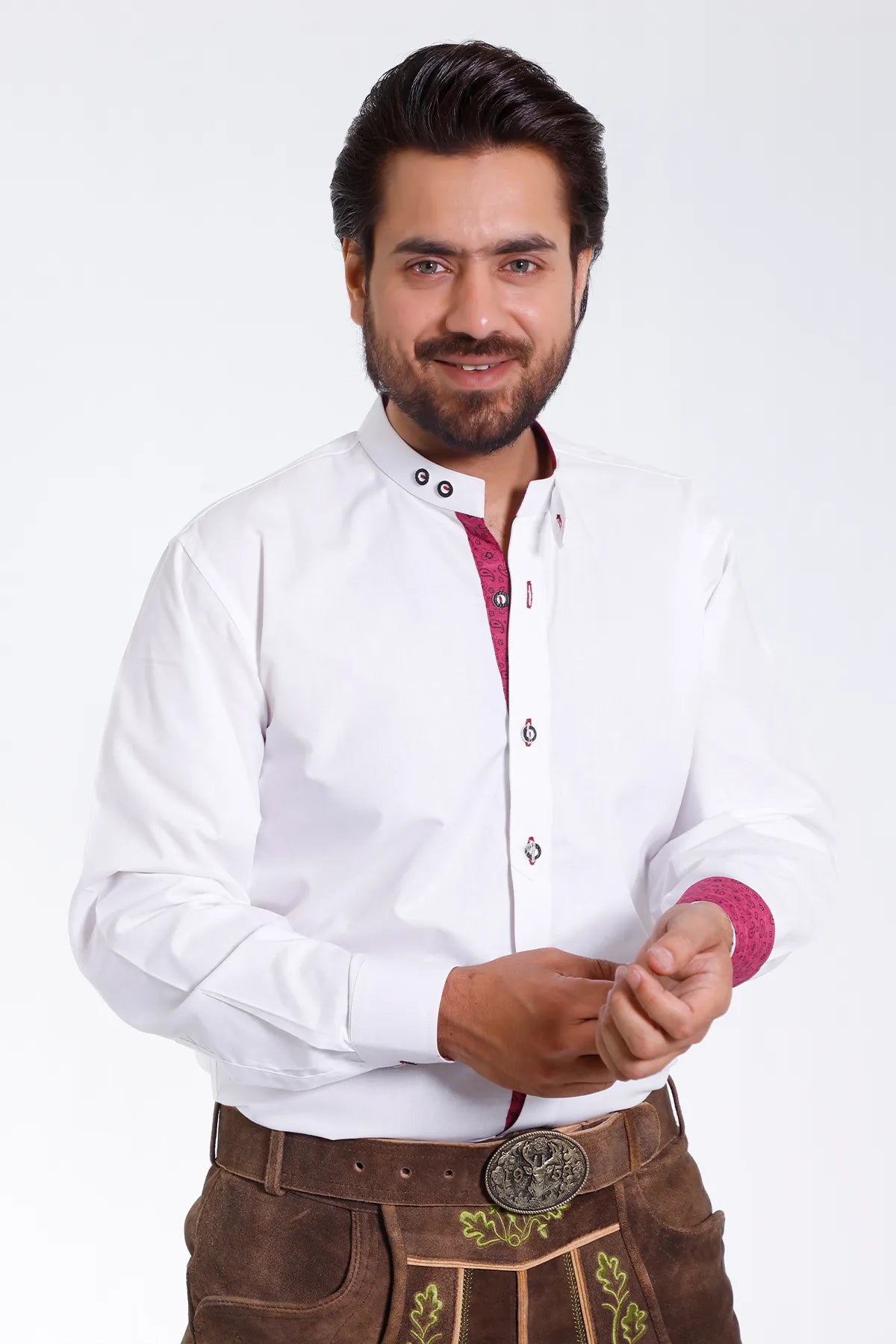 Lederhosen Men Traditional White Shirt with Embellishment on Collar and Cuffs.