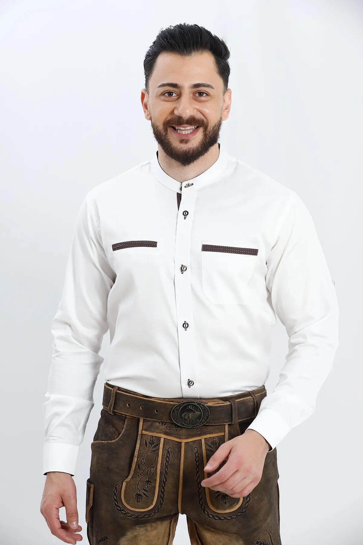 Lederhosen White Traditional Shirt with Brown Pattern Design on Collar, Pockets and Front Button Strip.