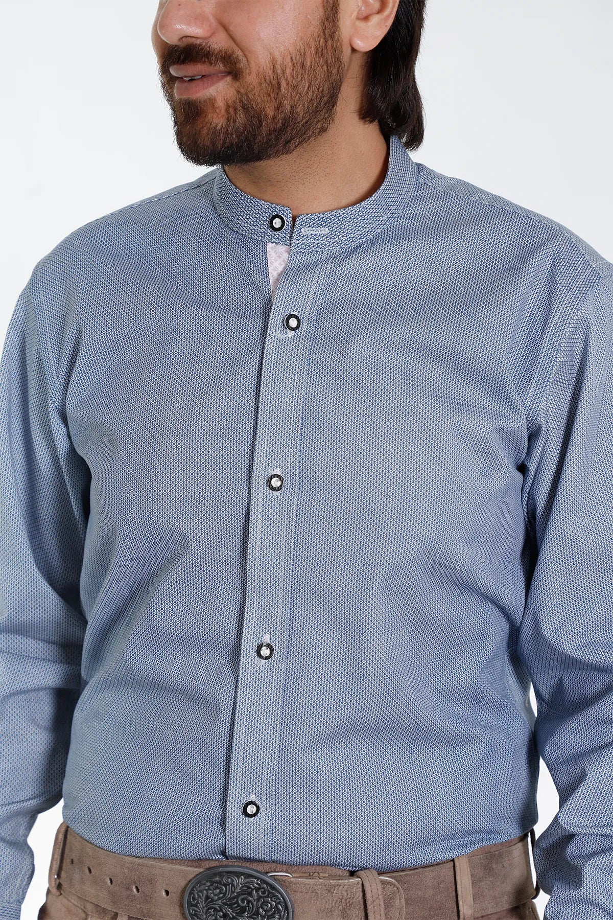 Blue Bavarian Shirt with Classic Geometric Pattern