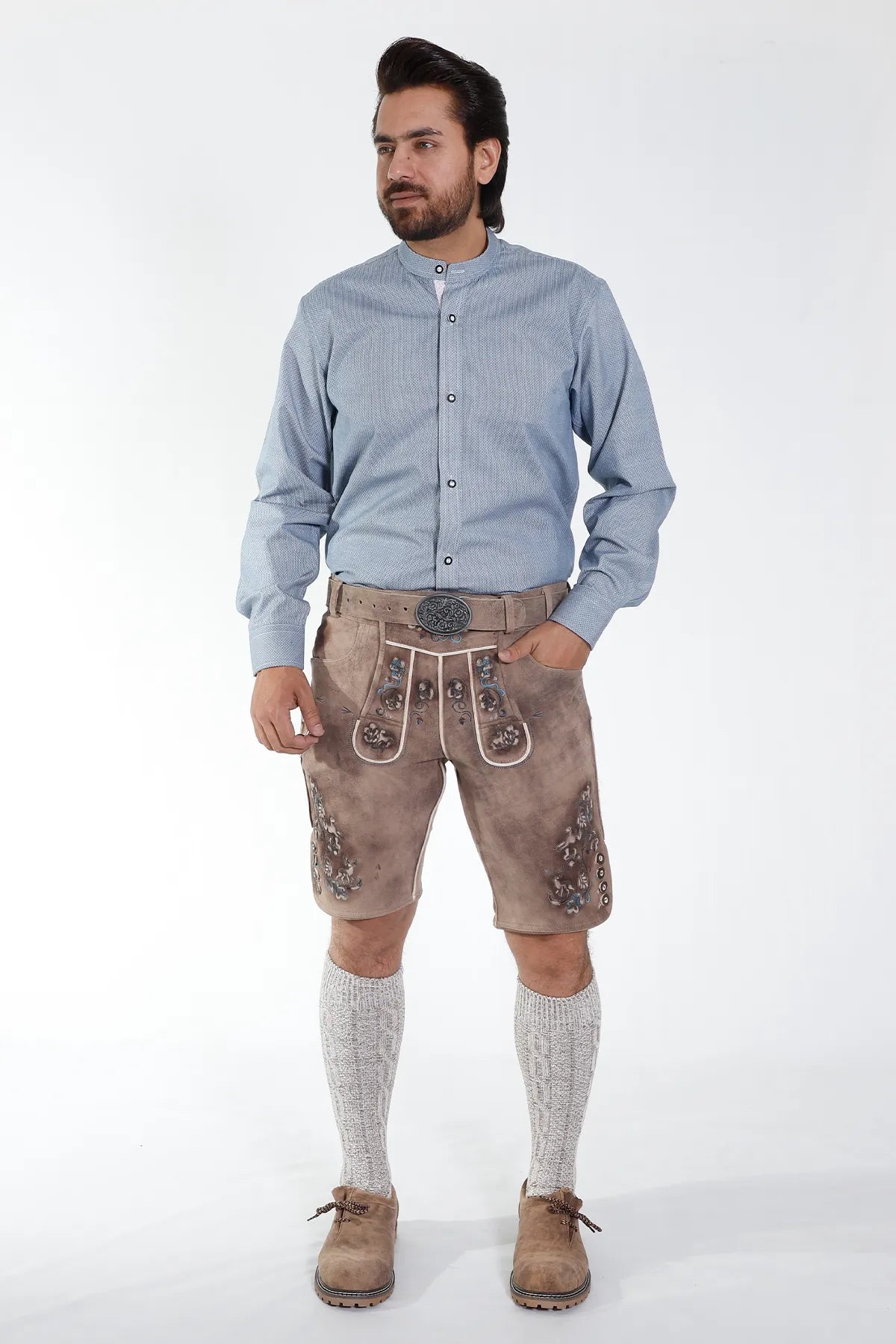 Blue Bavarian Shirt with Classic Geometric Pattern