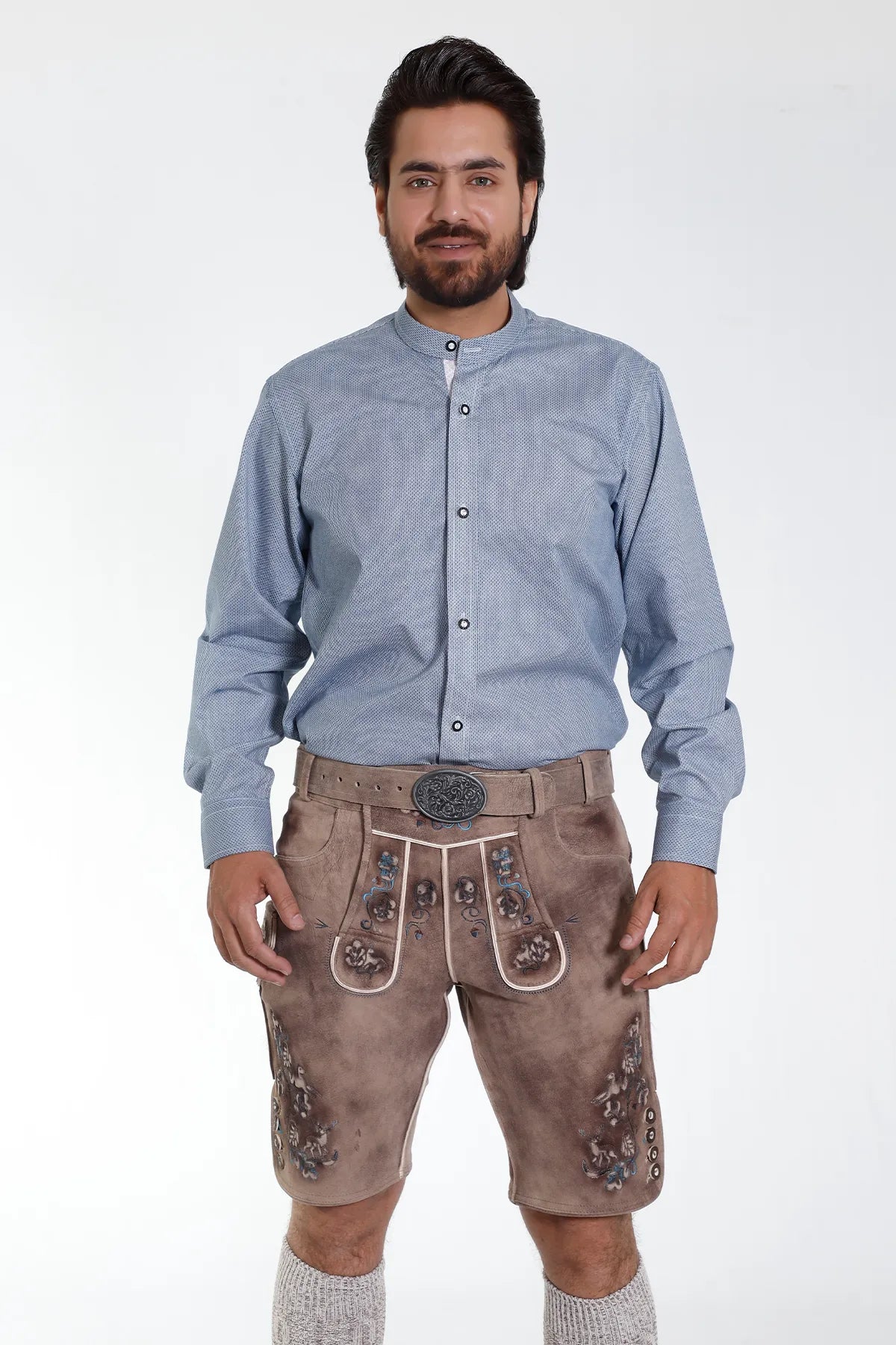 Blue Bavarian Shirt with Classic Geometric Pattern